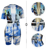 2022 spring and summer printed cardigan irregular T-shirt shorts two-piece set