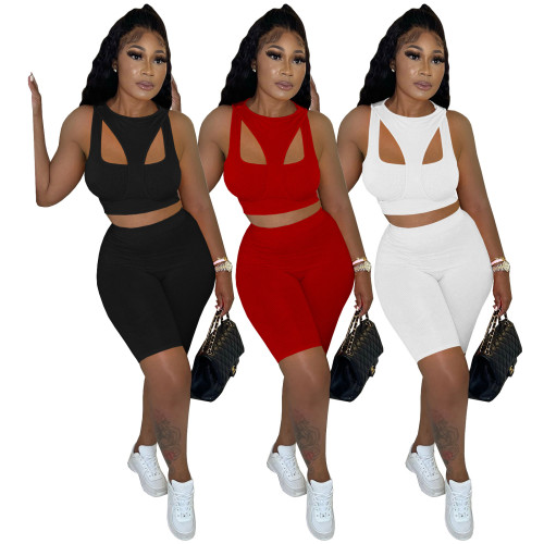 2022 summer high elastic solid color threaded pit strip, fake three-piece sports shorts two-piece set