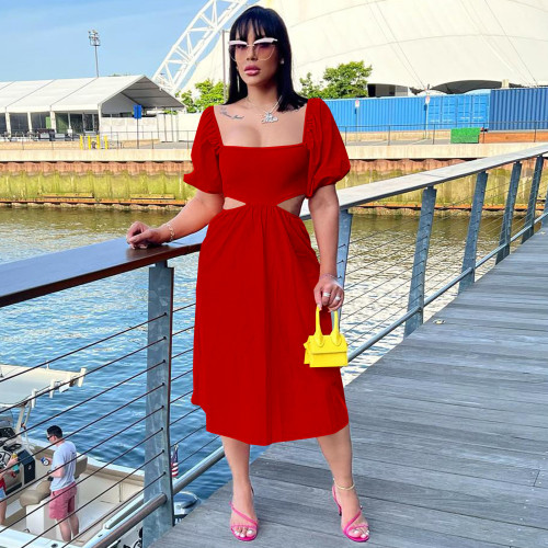 2022 Summer Solid Color U-Neck Lantern Sleeves Show Waist Irregular Dress Long Skirt