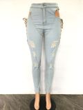 2022 Summer Lace-Up Washed Ripped Casual Skinny Sexy Stretch Jeans