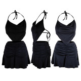 2022 Solid Color Sling Pleated Skirt Two Piece Set