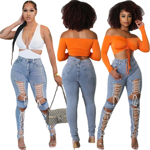 Summer Lace-Up Washed Casual Skinny Sexy Stretch Jeans