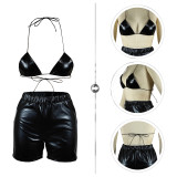 2022 Summer Solid Color Stretch PU Bikini Bra and Shorts Two Piece Set