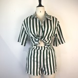 Summer 2022 Sexy Button-Up Striped Shirt Shorts Two-Piece Set