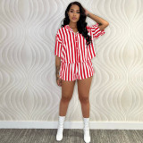 Summer 2022 Sexy Button-Up Striped Shirt Shorts Two-Piece Set