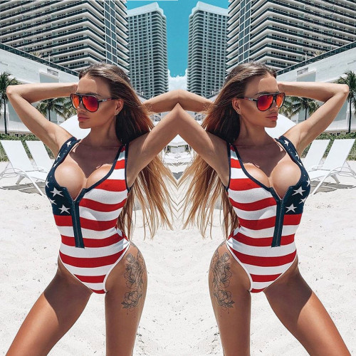 Summer Sexy American Flag Print One Piece Swimsuit