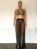 Summer Shiny Bra High Waist Transparent Casual Sexy Mesh Cover Up Skirt Two Piece Set