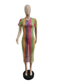 Summer Printed Striped Short Sleeve Dress with Side Splits