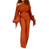 Off-the-shoulder casual high-waisted wide-leg jumpsuit