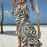 2022 Summer Print Sexy Stacked Collar Open Back Slit Dress