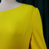 2022 summer solid color slanted shoulder puff sleeve OL temperament dress