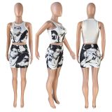 Round Neck Sleeveless Vest Print Slim Pack Hip Skirt Two Piece Set