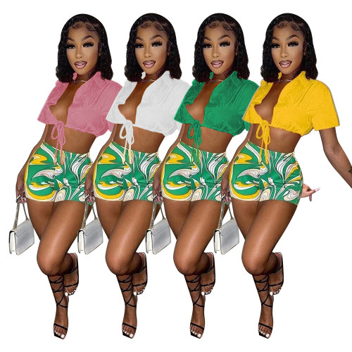 Casual Printed Shirt Lace-Up Shorts Sports Two-Piece Set
