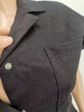 Summer Woven Button Short Sleeve Straight Short Jumpsuit