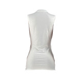 Summer round neck street positioning printing slit zipper vest bag hip T-shirt top