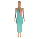 Spring and summer pit strips multicolor stitching hollow out waist sexy sleeveless dress
