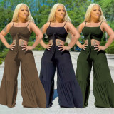 Summer plus size sexy suspenders strapless loose trousers solid color two-piece set