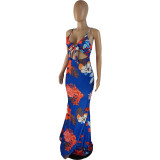 2022 Flower Print Sling Lace-Up Cutout Dress  S--4XL