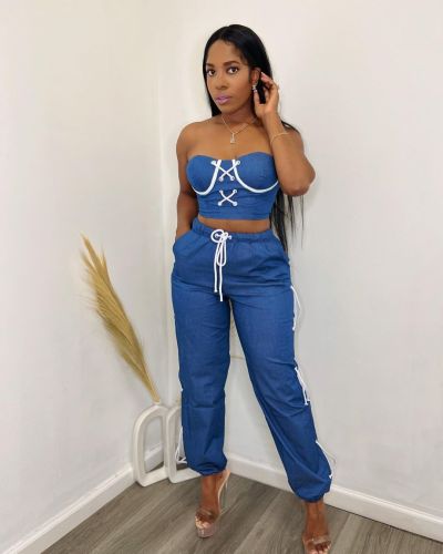 Summer tube top Lace up   casual two-piece suit