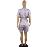 Summer Mid Waist Tie Print Striped Casual Short Jumpsuit