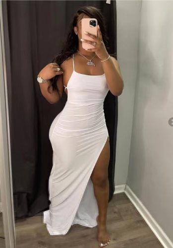 Summer plus size solid color suspenders open back slit sexy dress