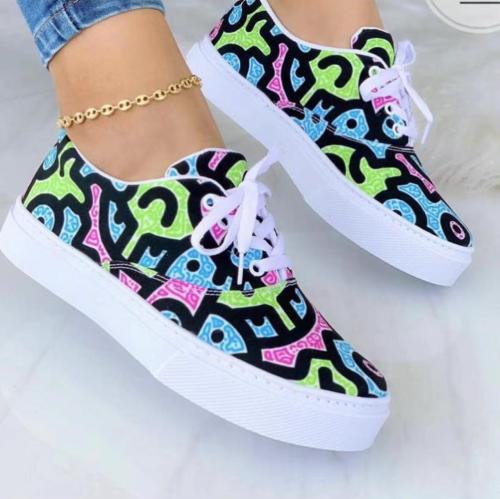 2022 Summer Large Size Round Toe Injection Printing Colorful Lace-Up Casual Shoes