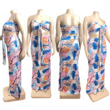 2022 large size sexy printed chest wrap hip skirt two piece set