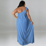 2022 summer large size open sloping shoulder large swing print multicolor dress