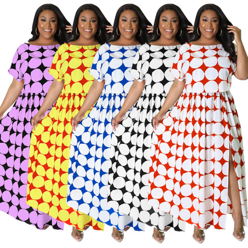 Summer 2022 Plus Size Slit Gathered Print Multicolor Dress
