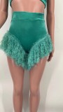 2022 summer nightclub clothes solid color sexy feather irregular two-piece suit