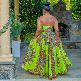 2022 summer large size new ethnic style print large swing skirt two-piece set