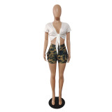 Summer White Top + Camouflage Pocket Overalls Casual Two-piece Set