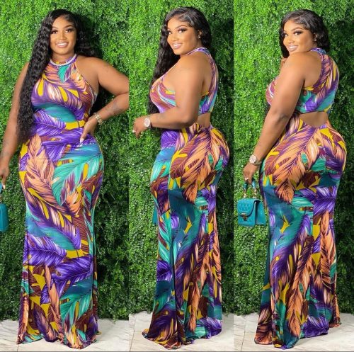 Summer 2022 Plus Size Printed Hollow Vest Long Sexy Dress