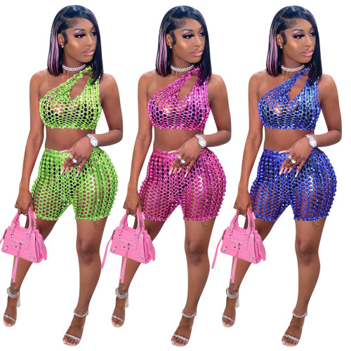 2022 summer sexy hollow vest shorts two-piece set