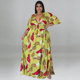 Summer 2022 Plus Size Deep V Neck Print Multicolor Dress