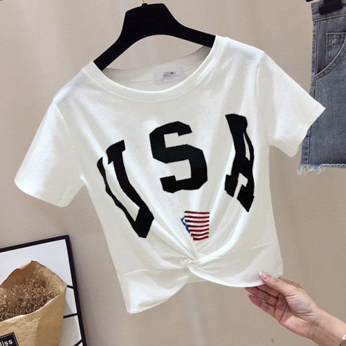 Summer Solid Color Print Letter Fashion Pleated Top