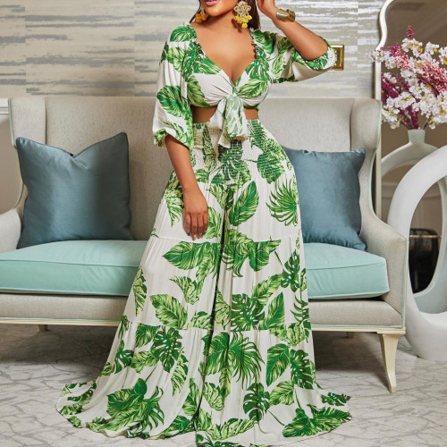 2022 summer casual printed V-neck tie top wide-leg pants two-piece set
