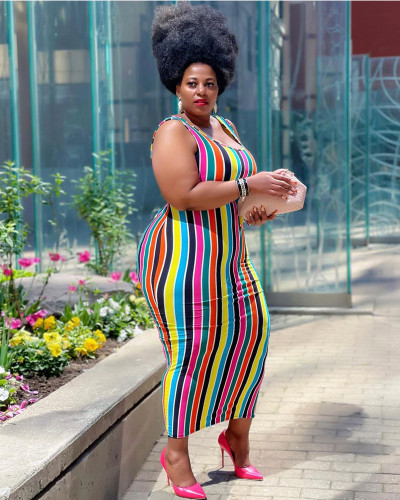 Summer Plus Size Colorful Striped Print Tank Top Dress