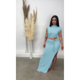 2022 Summer Round Neck Solid Color Slit Lace-up  Skirt Two Piece Set