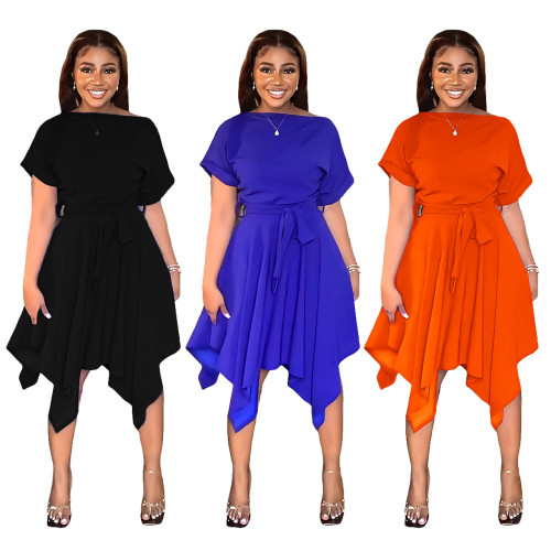 2022 summer waist irregular solid color swing dress