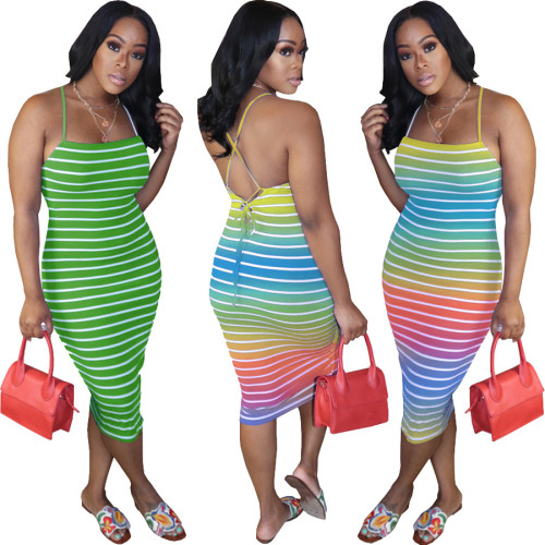 Summer 2022 Sexy Striped Print Lace-Up Dress