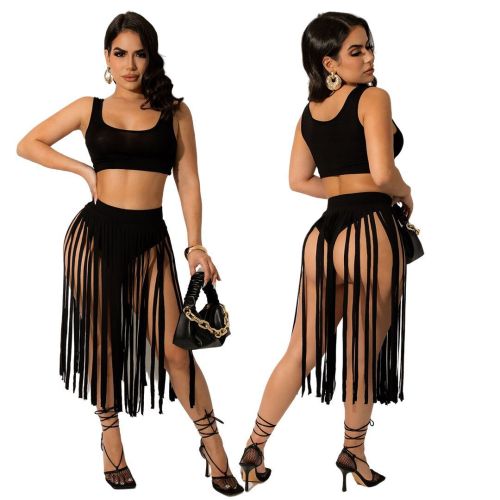 summer sexy fringed skirt two piece set