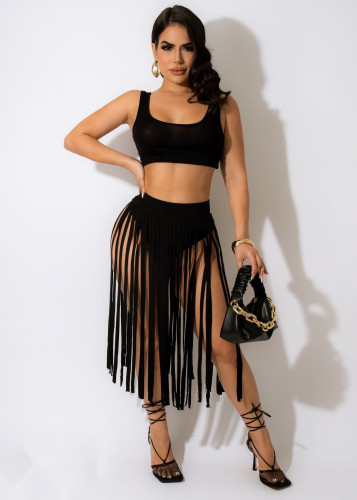 summer sexy fringed skirt two piece set