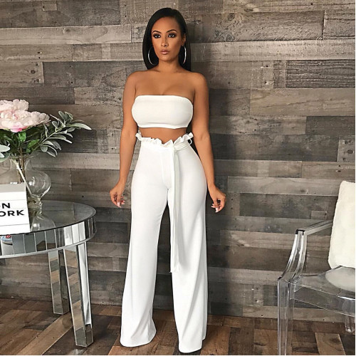 Sexy solid color tube top + fungus edge wide leg pants two-piece set (including belt)