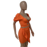 Summer ruffled pleated decoration U neck short sleeve skirt two piece set