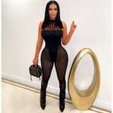 2022 summer solid color mesh stitching sexy perspective slim jumpsuit