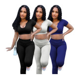 2022 spring and summer short-sleeved trousers U-neck pit strip casual two-piece set