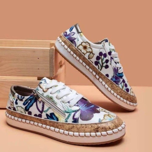 Summer Large Size Colorful Flowers Round Toe Lace Up Flat Casual Shoes