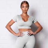 2022 spring and summer short-sleeved trousers U-neck pit strip casual two-piece set