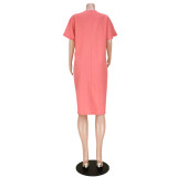 Loose casual resort style solid color pleated cloth V-neck dress